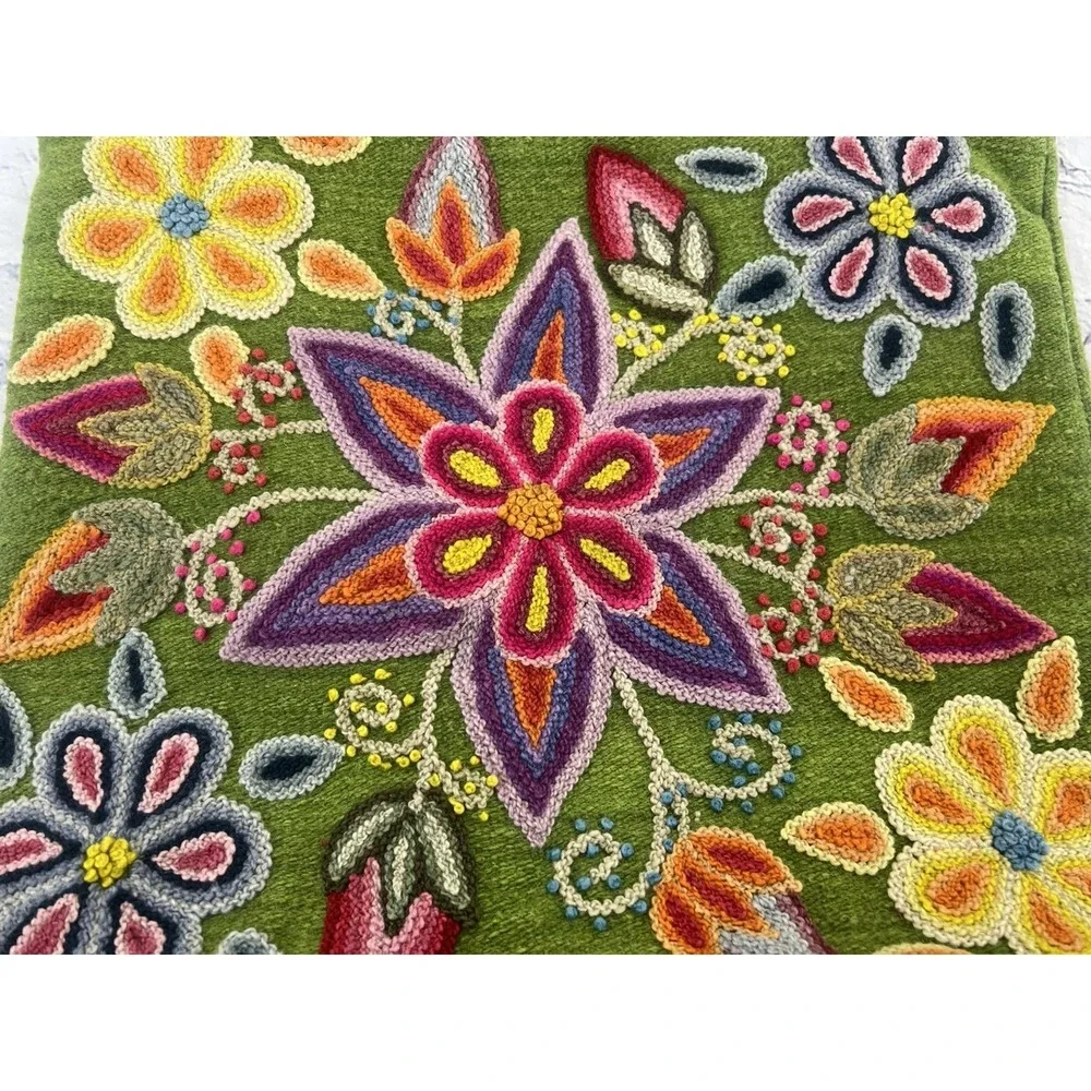 handmade Peruvian floral embroidered woven wool tote lime greenb 13x14 - Picture 11 of 12